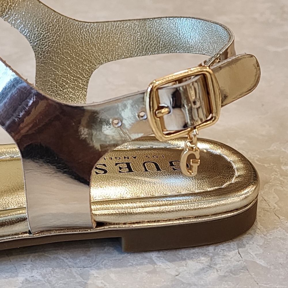 Guess Dorry's T-Strap Gold Women's Charm Logo Ankle Strap Flat Sandals Size 6 - Picture 11 of 13